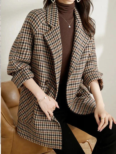 Women's Houndstooth Coat with Button Placket-Jacket for women-CaldwellVoss