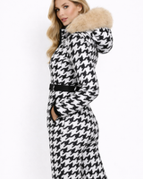 Women’s Houndstooth Print Ski Jumpsuit with Faux Fur Hood-Jumpsuits for women-CaldwellVoss