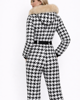 Women’s Houndstooth Print Ski Jumpsuit with Faux Fur Hood-Jumpsuits for women-CaldwellVoss