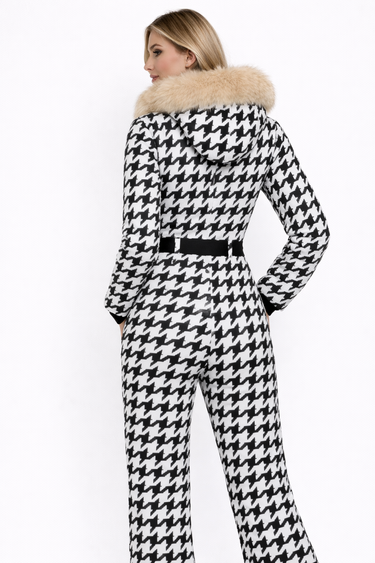 Women’s Houndstooth Print Ski Jumpsuit with Faux Fur Hood-Jumpsuits for women-CaldwellVoss