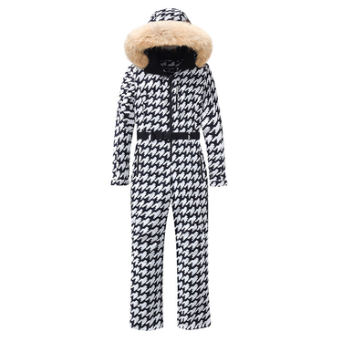Women’s Houndstooth Print Ski Jumpsuit with Faux Fur Hood-Jumpsuits for women-CaldwellVoss