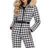 Women’s Houndstooth Print Ski Jumpsuit with Faux Fur Hood-Jumpsuits for women-CaldwellVoss