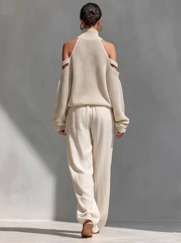 Women’s Knit Cold Shoulder Sweater and Wide Leg Trouser Set-Sets for women-CaldwellVoss