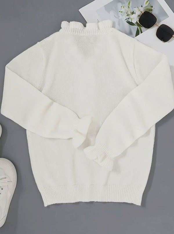 Women’s Knit Pullover with Ruffled V-Neck and Button Detail-Sweaters for Women-CaldwellVoss