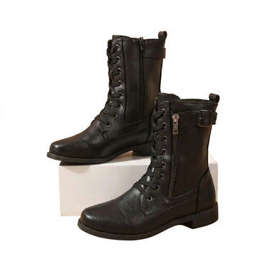 Women’s Lace-Up Mid-Calf Boots with Side Zippers and Buckle-Footwear for women-CaldwellVoss