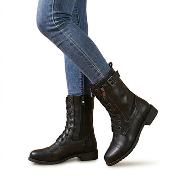 Women’s Lace-Up Mid-Calf Boots with Side Zippers and Buckle-Footwear for women-CaldwellVoss