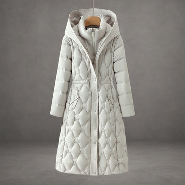 Women’s Long Hooded Puffer Coat with Geometric Quilted Pattern-Coats for women-CaldwellVoss