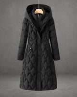 Women’s Long Hooded Puffer Coat with Geometric Quilted Pattern-Coats for women-CaldwellVoss