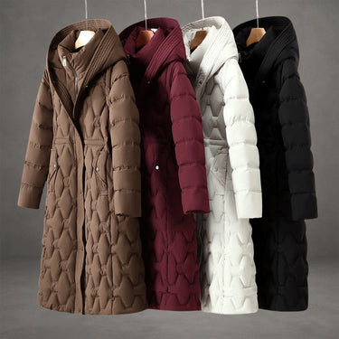 Women’s Long Hooded Puffer Coat with Geometric Quilted Pattern-Coats for women-CaldwellVoss