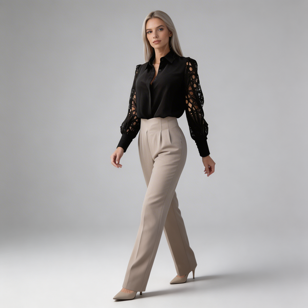 Women's Long Sleeve Blouse with Openwork Cut-Out Sleeves and Pointed Collar-Blouse for women-CaldwellVoss