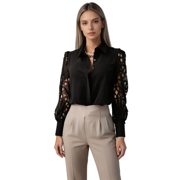 Women's Long Sleeve Blouse with Openwork Cut-Out Sleeves and Pointed Collar-Blouse for women-CaldwellVoss