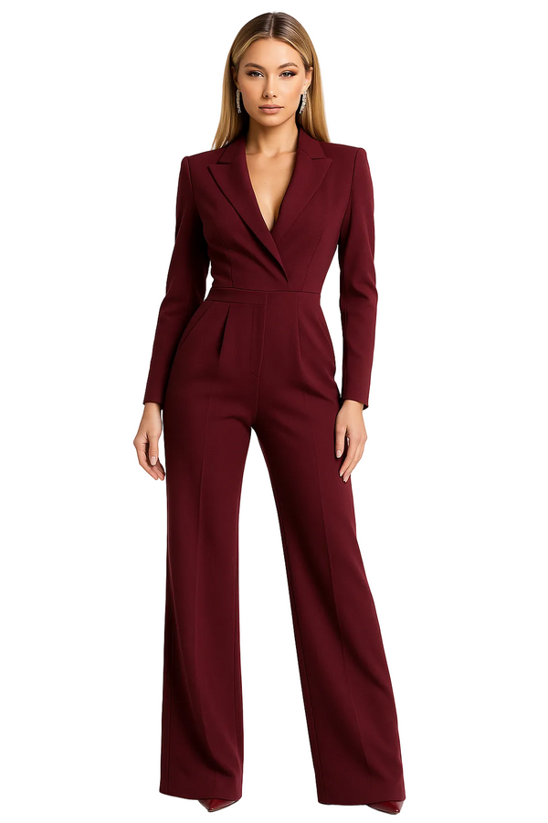 Women's Long Sleeve Notched Lapel Wide Leg Jumpsuit-Jumpsuits for women-CaldwellVoss