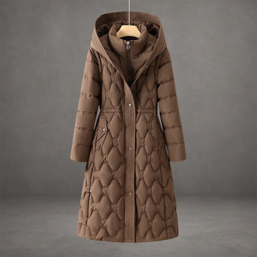 Women’s Longline Hooded Puffer Coat with Geometric Quilting-Coats for women-CaldwellVoss
