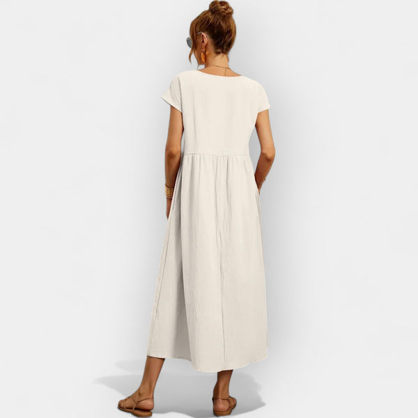 Women’s Midi Dress with Short Sleeves and Side Pockets-Midi Dress-CaldwellVoss