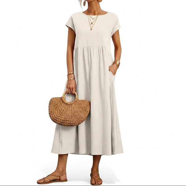 Women’s Midi Dress with Short Sleeves and Side Pockets-Midi Dress-CaldwellVoss