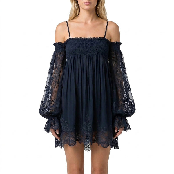 Women's Off-the-Shoulder Lace Sleeve Mini Dress-Mini Dress-CaldwellVoss