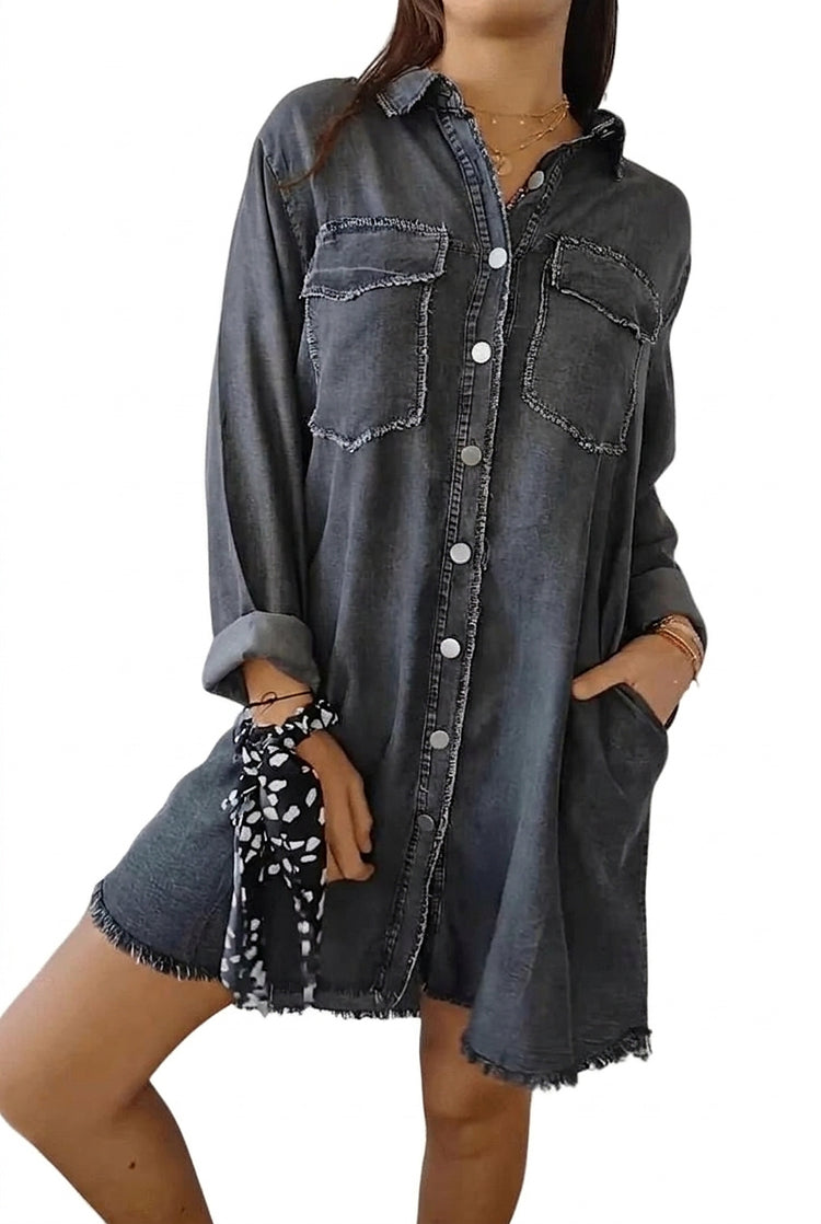 Women’s Oversized Denim Shirt Dress with Frayed Hem-Mini Dress-CaldwellVoss
