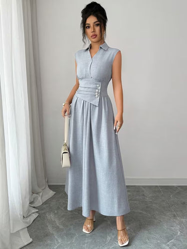 Women's Pleated Maxi Dress with Notched Collar