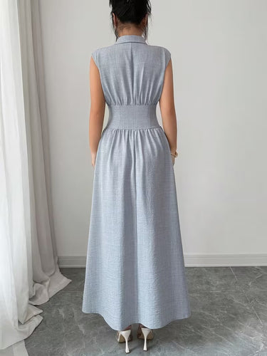 Women's Pleated Maxi Dress with Notched Collar