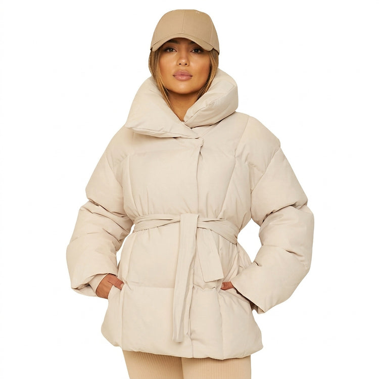 Women’s Puffer Jacket with Belt and High Collar-Jackets for women-CaldwellVoss