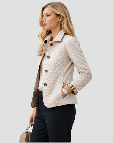 Women’s Quilted Button Front Jacket with Plaid Cuffs-Jacket for women-CaldwellVoss