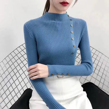 Women’s Ribbed Knit Mock Neck Sweater with Decorative Buttons-Sweaters for Women-CaldwellVoss