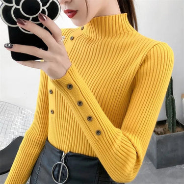 Women’s Ribbed Knit Mock Neck Sweater with Decorative Buttons-Sweaters for Women-CaldwellVoss