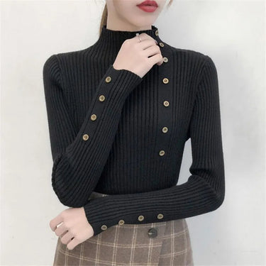Women’s Ribbed Knit Mock Neck Sweater with Decorative Buttons-Sweaters for Women-CaldwellVoss