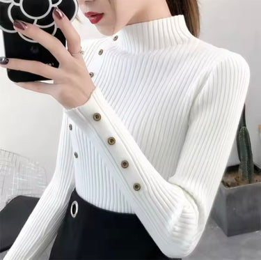 Women’s Ribbed Knit Mock Neck Sweater with Decorative Buttons-Sweaters for Women-CaldwellVoss