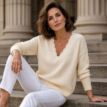 Women’s Scalloped V-Neck Knit Sweater-Sweaters for Women-CaldwellVoss