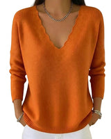 Women’s Scalloped V-Neck Knit Sweater-Sweaters for Women-CaldwellVoss