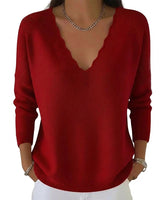 Women’s Scalloped V-Neck Knit Sweater-Sweaters for Women-CaldwellVoss