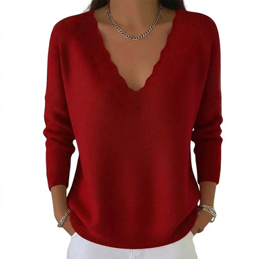Women’s Scalloped V-Neck Knit Sweater-Sweaters for Women-CaldwellVoss