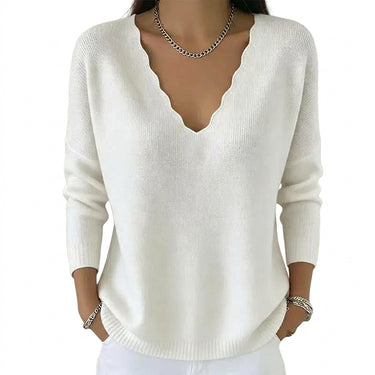 Women’s Scalloped V-Neck Knit Sweater-Sweaters for Women-CaldwellVoss