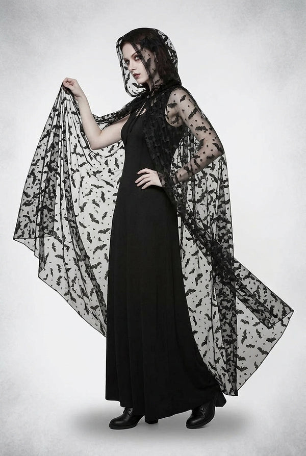 Women’s Sheer Bat Print Hooded Cape