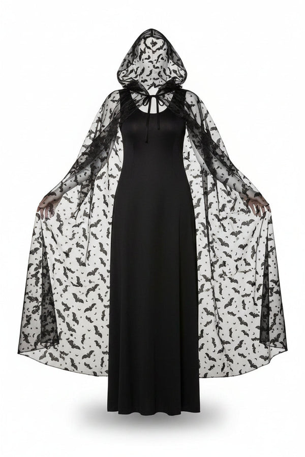 Women’s Sheer Bat Print Hooded Cape Black