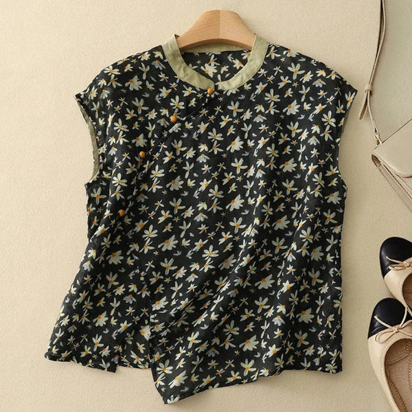 Women’s Short Sleeve Floral Print Blouse with Mandarin Collar and Button Closure-Blouse for women-CaldwellVoss