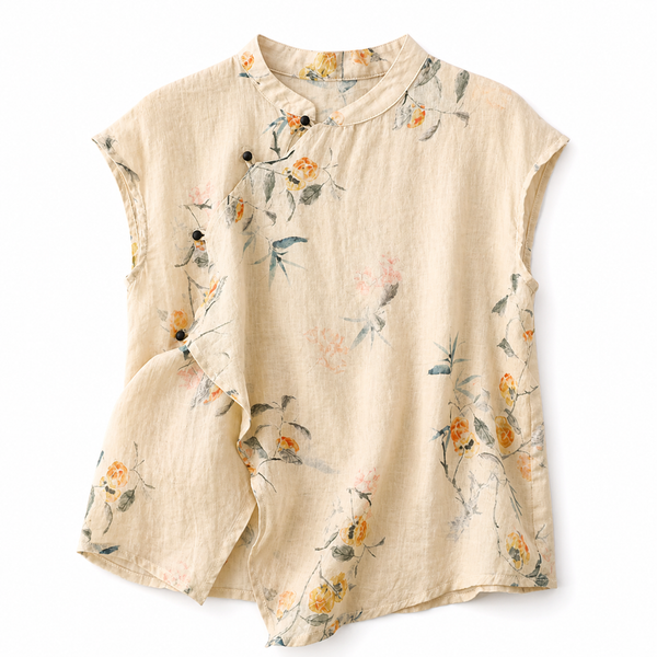 Women’s Short Sleeve Floral Print Blouse with Mandarin Collar and Button Closure-Blouse for women-CaldwellVoss