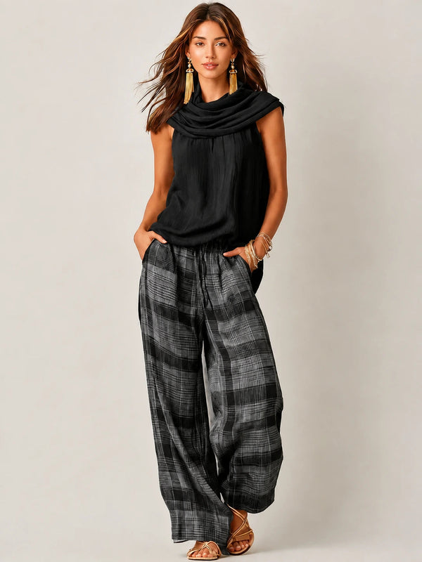 Women’s Sleeveless Cowl Neck Top and Plaid Wide Leg Trouser Set-Sets for women-CaldwellVoss