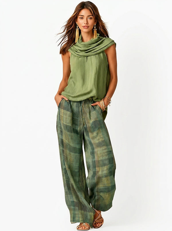 Women’s Sleeveless Cowl Neck Top and Plaid Wide Leg Trouser Set-Sets for women-CaldwellVoss