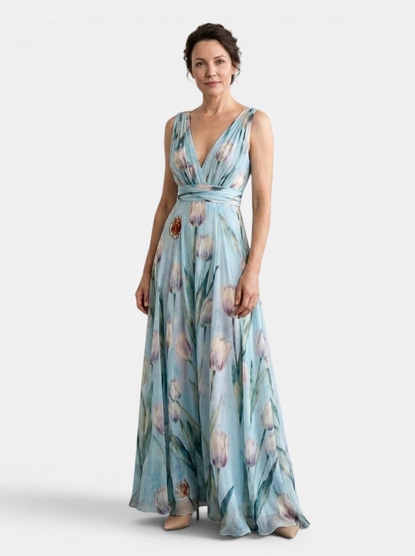 Women's Sleeveless Floral Print V-Neck Maxi Dress-Maxi Dress-CaldwellVoss