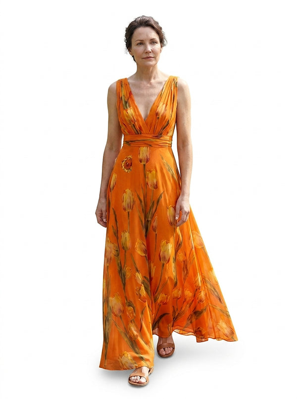 Women's Sleeveless Floral Print V-Neck Maxi Dress-Maxi Dress-CaldwellVoss