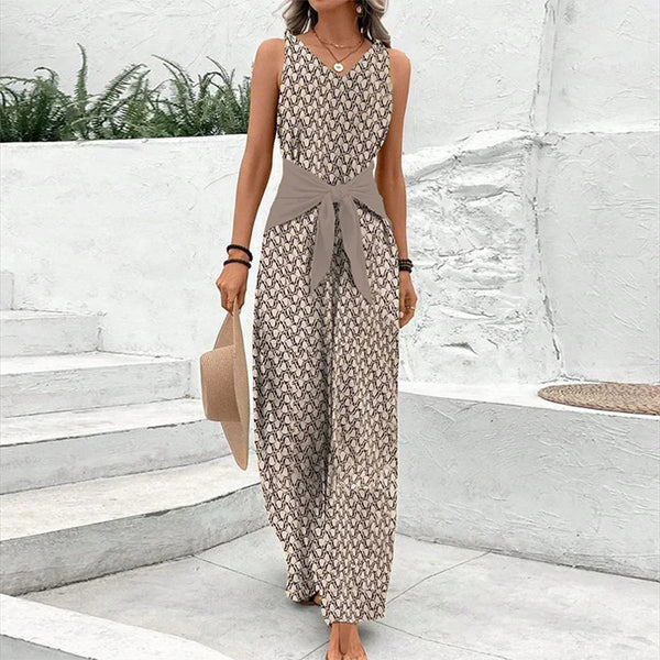 Women’s Sleeveless V-Neck Wide Leg Jumpsuit with Tie Waist-Jumpsuits for women-CaldwellVoss