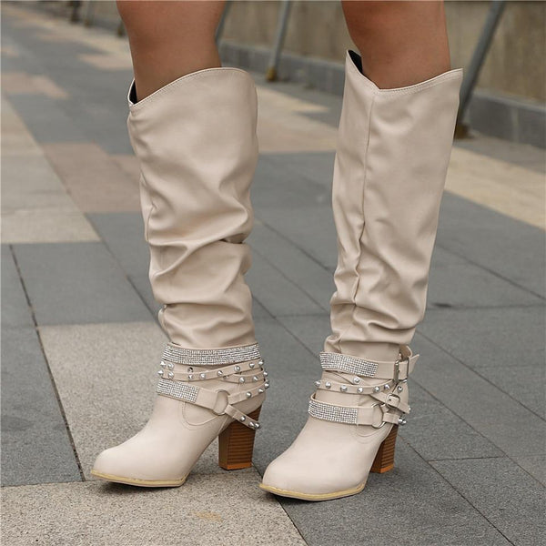 Women’s Slouch Knee High Boots with Studded Straps-Footwear for women-CaldwellVoss