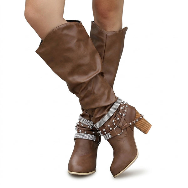 Women’s Slouch Knee High Boots with Studded Straps-Footwear for women-CaldwellVoss