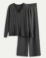 Women’s V-Neck Cable Knit Sweater and Wide Leg Pants Set-Sets for women-CaldwellVoss