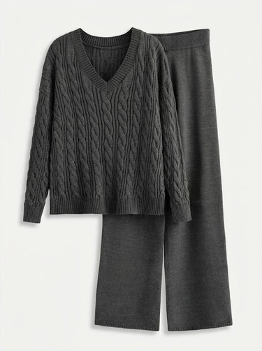Women’s V-Neck Cable Knit Sweater and Wide Leg Pants Set-Sets for women-CaldwellVoss