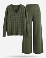 Women’s V-Neck Cable Knit Sweater and Wide Leg Pants Set-Sets for women-CaldwellVoss
