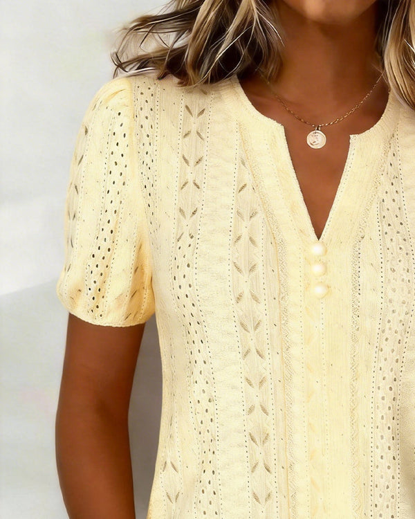 Women’s V-Neck Knit Blouse with Puff Sleeves-Tops for women-CaldwellVoss