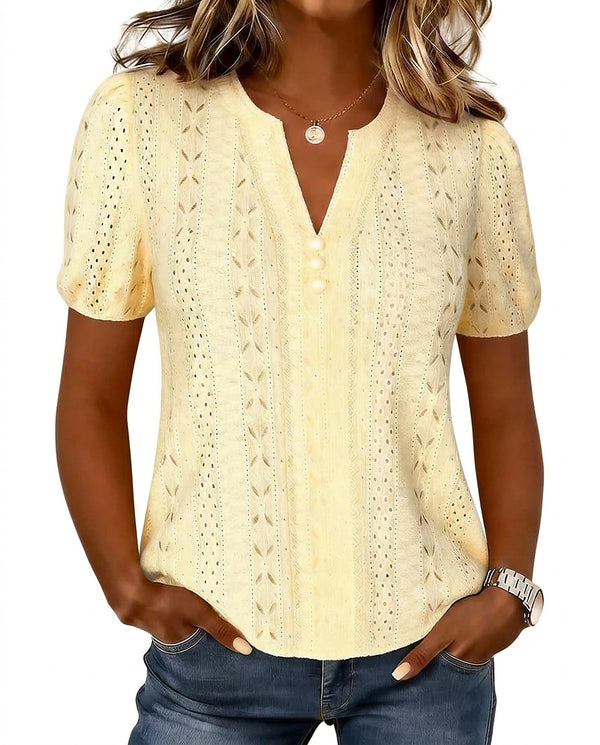 Women’s V-Neck Knit Blouse with Puff Sleeves-Tops for women-CaldwellVoss
